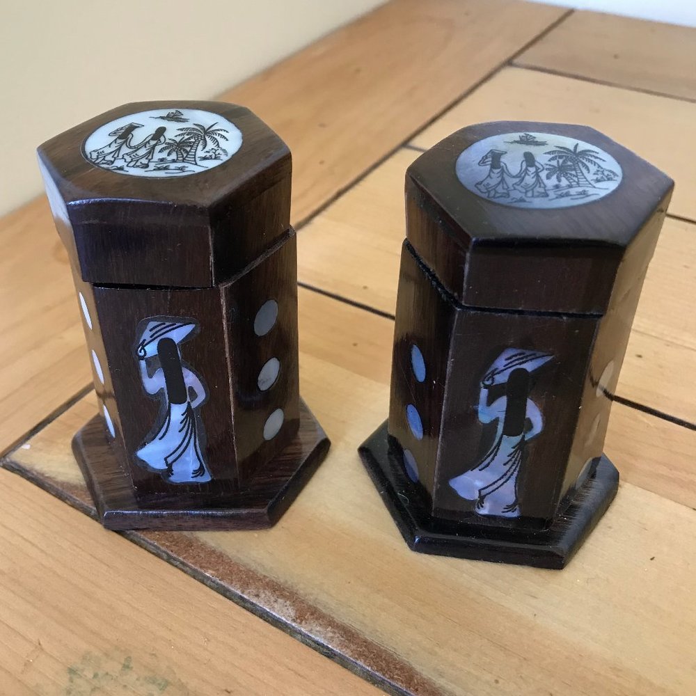 Mother of Pearl Shell Inlay Wooden Box Toothpick Holders Set of 2 w/ Hinged Lid